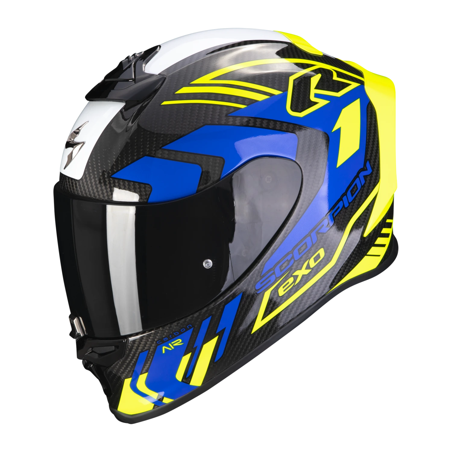 Scorpion Exo-R1 Evo Carbon Air Supra Zwart-Neon Geel-Blauw Integraalhelm 3 Scorpion Exo-R1 Evo Carbon Air Supra Zwart-Neon Geel-Blauw Integraalhelm